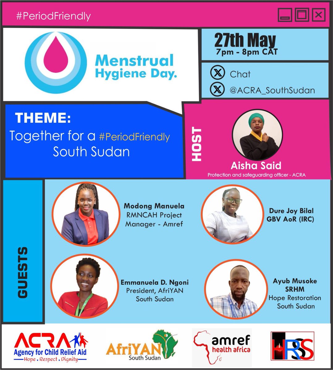 In South Sudan 60% of girls skip school during their menstrual periods which affects their education. We need to change this narrative; mark your calendar 🗓️ and join the conversation on our upcoming X chat on MONDAY 27th May from 7pm; hosted @ACRA_SouthSudan