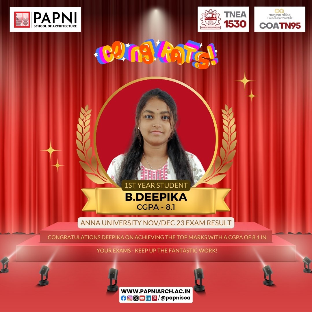 🎉 Big congratulations to B.Deepika for achieving a notable CGPA of 8.1 in the Anna University Nov/Dec '23 exams! Your dedication is admirable. 🌟

#papnisoa #annauniversity #TopScorer #Success