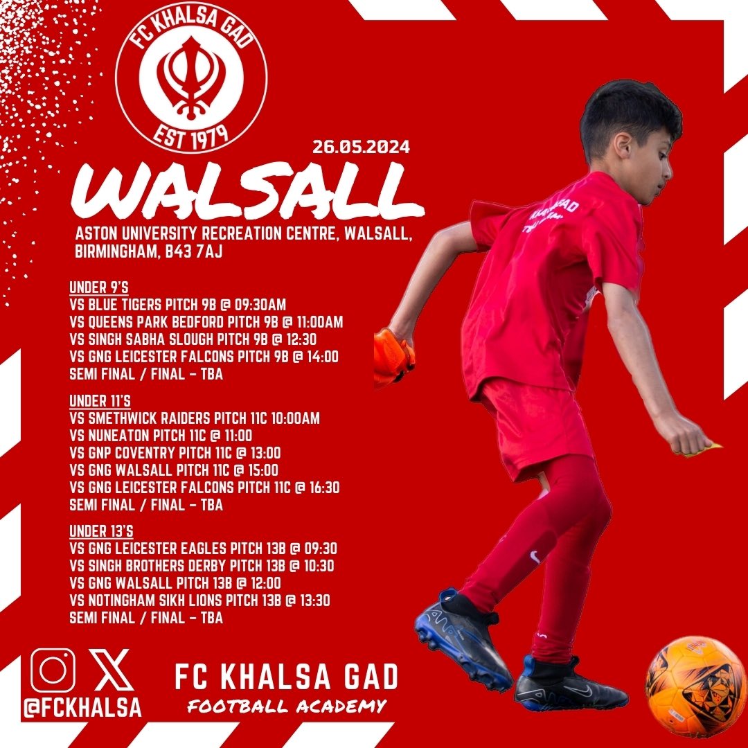 ⚽️ Our youth teams are in action Sunday! Join us in Walsall on 26.05.2024 to cheer on our young guns. 🔥⚪️

📍 Aston University Recreation Centre, Walsall, B43 7AJ

Come support our future stars and be part of their journey! 👏 💪🏽

 #FCKhalsaGAD #YouthFootball #MatchDay #Walsall