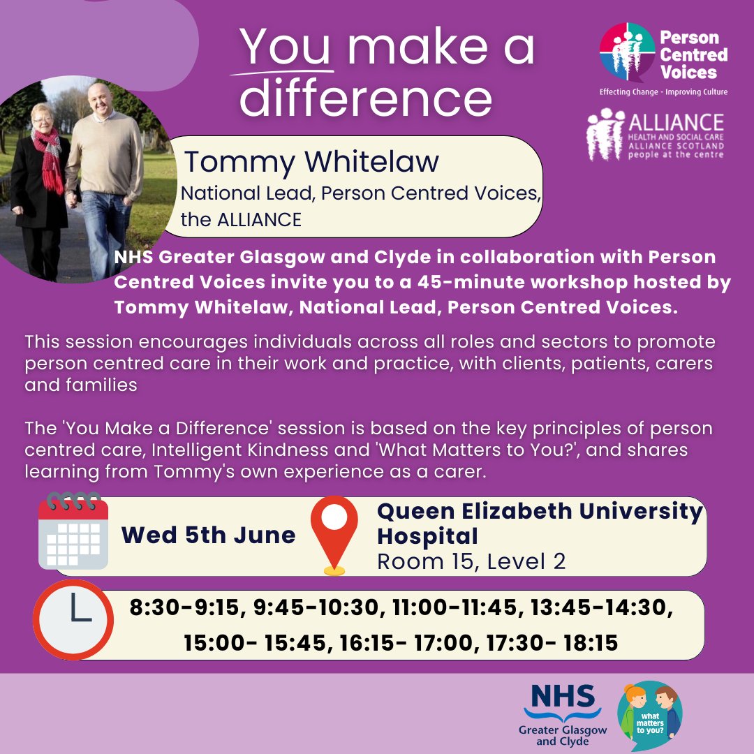 @TommynTour will deliver 7 inspiring talks on the 5th June at the QEUH Teaching & Learning Centre. We encourage staff to attend the You make a difference sessions based on key principles of person-centred care, Intelligent Kindness and ‘What matters to you’? #WMTY24 @WMTYScot