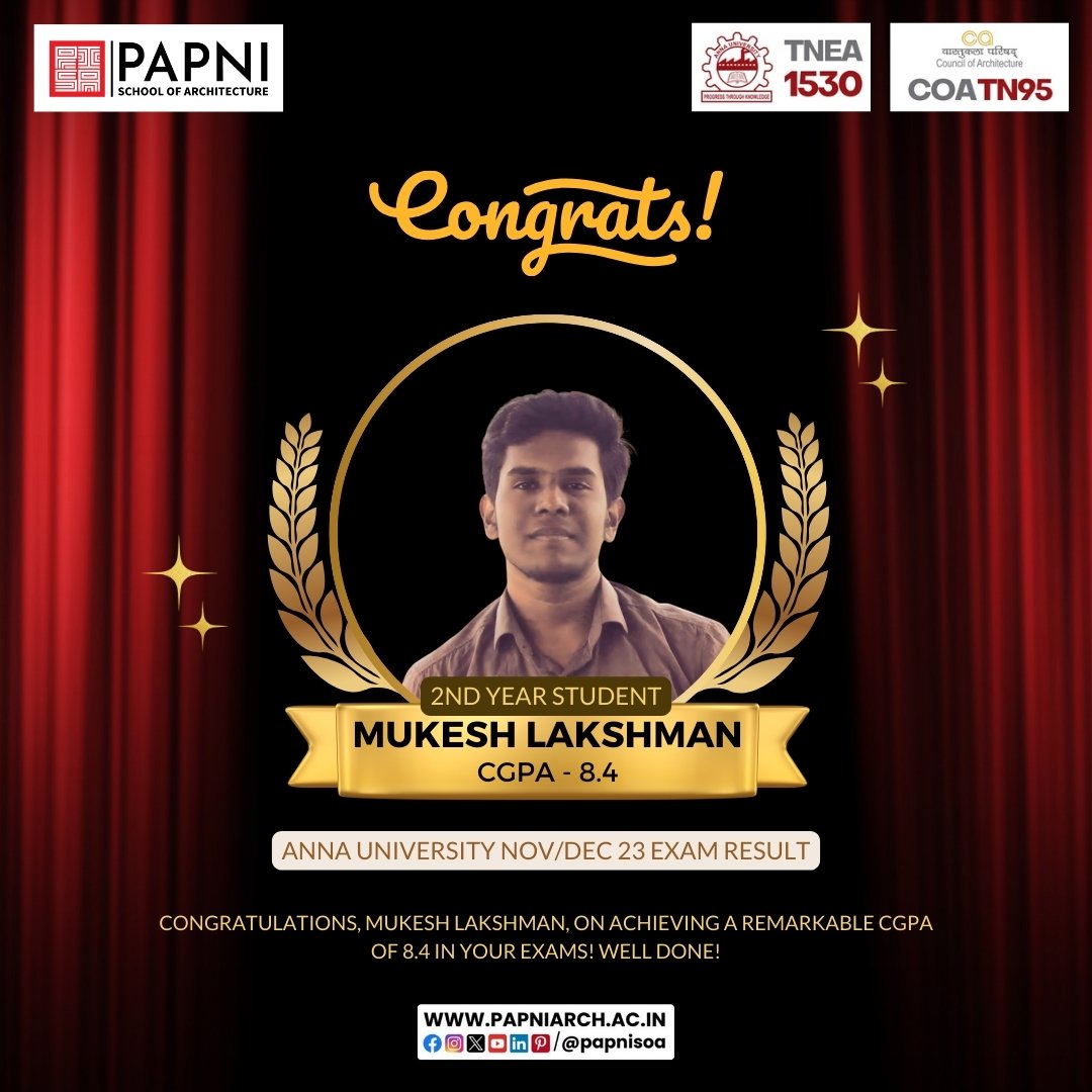 👏 Kudos to Mukesh Lakshman for achieving a commendable CGPA of 8.4 in the Anna University Nov/Dec '23 exams! Your hard work is truly inspiring. 🌠
#papnisoa #annauniversity #TopScorer #WellDone