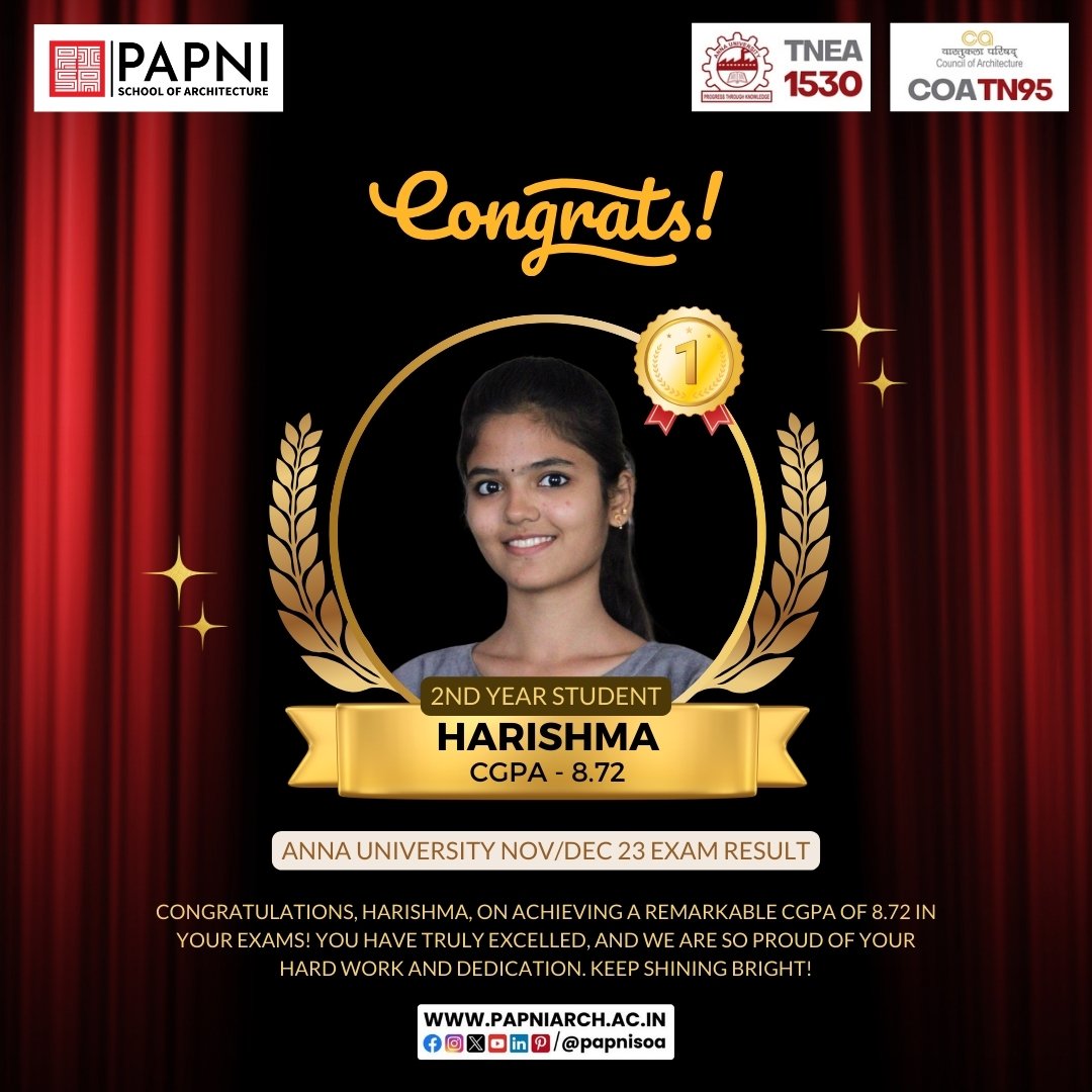 🎉 Big congratulations to Harishma for achieving an impressive CGPA of 8.72 in the Anna University Nov/Dec '23 exams! Your dedication and hard work are truly inspiring. 🌟

#papnisoa #annauniversity #TopScorer #ProudMoment