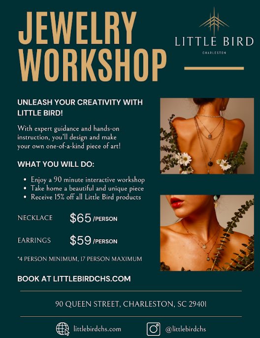 Group Workshops Now Available at Charleston’s Newest Jewelry Store, Little Bird - Charleston Daily - bit.ly/3yuGd5U

#CharlestonFashion #CharlestonLocal #WomenOwned #CharlestonShopping #CharlestonDaily