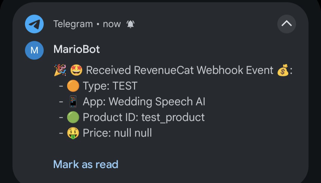 Modified my RevenueCat webhook to send more interesting messages. 
Also only notifies me initial purchase and renewal. Happy message only 😂

message content inspired from @iosdeveren 🙏