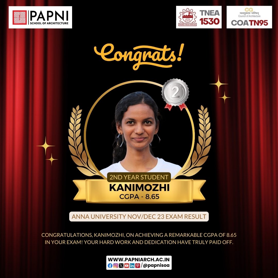 👏 Congrats to Kanimozhi for securing a stellar CGPA of 8.65 in the Anna University Nov/Dec '23 exams! Your achievements shine bright. 🌟

#papnisoa #annauniversity #TopScorer #Success