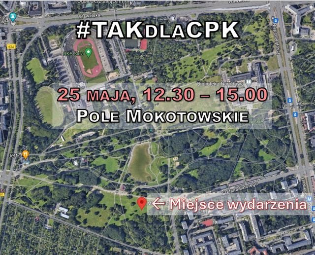 Już jutro, 25 maja o 12.30 na Polu Mokotowskim odbędzie się plenerowe spotkanie zwolenników #CPK połączone z akcją podpisywania obywatelskiego projektu ustawy „TAKdlaCPK” - w pięknych okolicznościach przyrody i w doborowym  towarzystwie 😉

Zapraszamy‼️