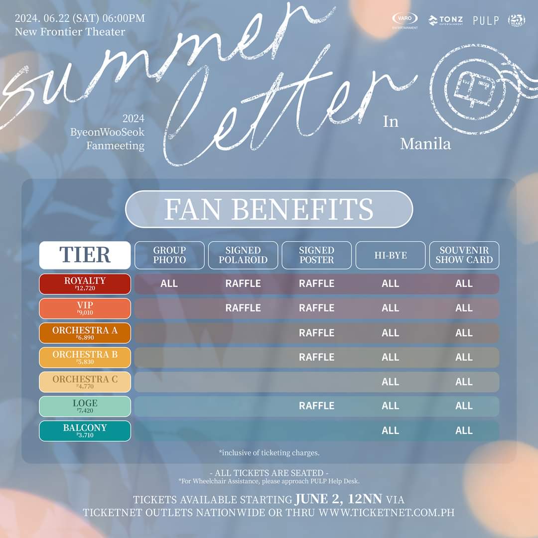 Summer Letter in Manila
[2024 Byeon Woo Seok Fanmeeting]
Ticket Assistance is now OPEN!!!!!! 

Price : ₱500/per secured ticket
Downpayment : ₱200/per ticket
Remaining Balance : once ticket secured

 #ByeonWooSeok #SummerLetterinManila
#ByeonWooSeokInManila