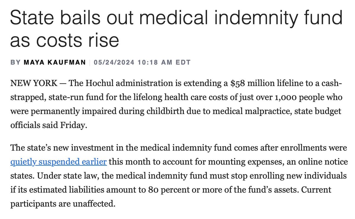 The state-run Medical Indemnity Fund, which pays for the lifelong care of babies left with permanent neurological damage due to medical malpractice, is getting a $58M bailout via the state's general fund following advocacy by @GNYHA. subscriber.politicopro.com/article/2024/0…