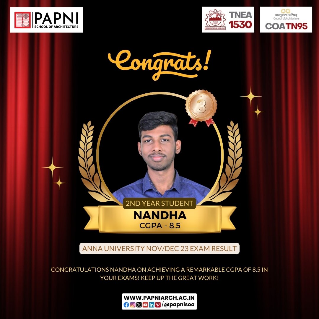 🌟 Hats off to Nandha for achieving a remarkable CGPA of 8.5 in the Anna University Nov/Dec '23 exams! Outstanding performance! 🏅

#papnisoa #annauniversity #TopScorer #AcademicExcellence