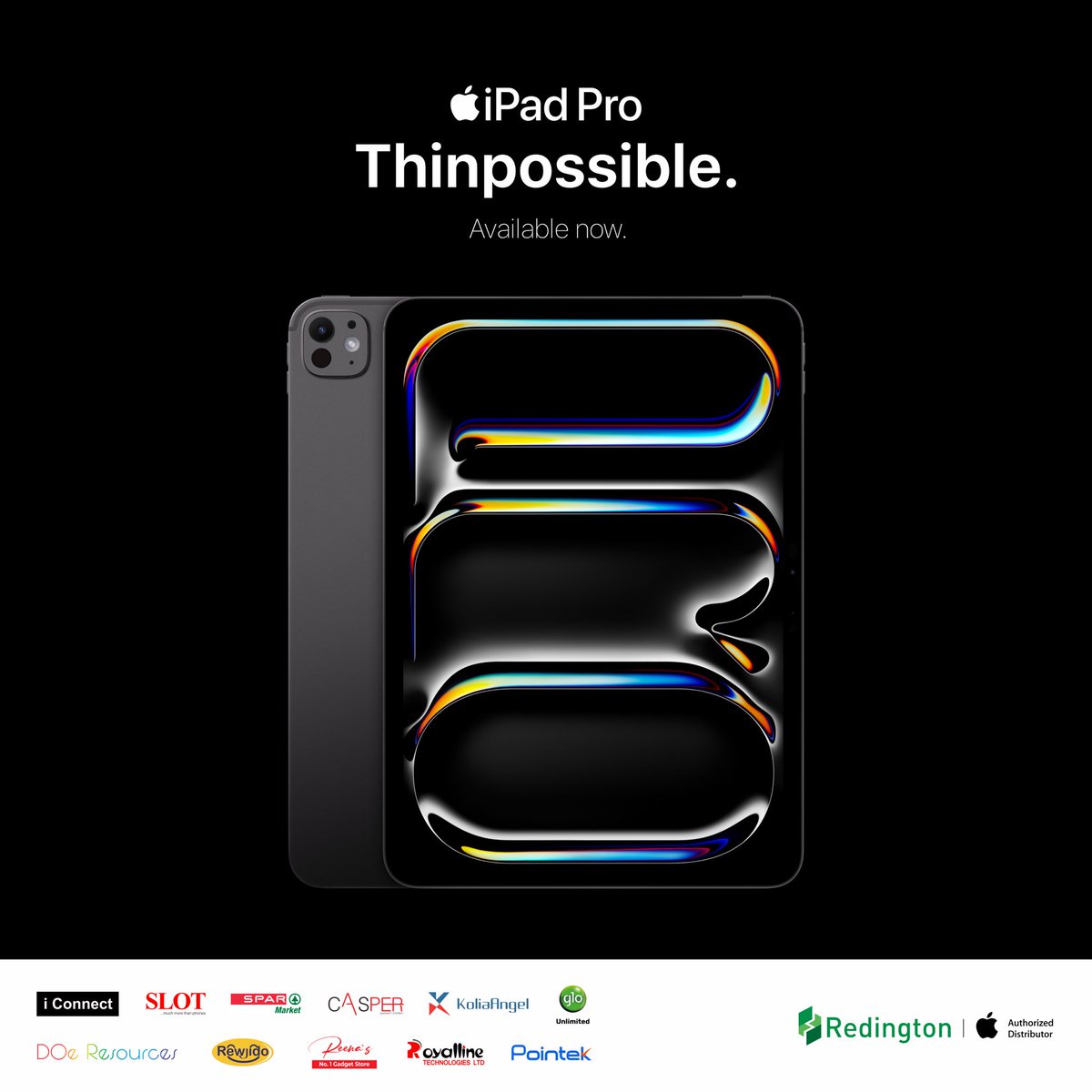 RedingtonAfr's tweet photo. The new iPad Pro is impossibly thin, featuring outrageous performance with the Apple M4 chip, a breakthrough Ultra Retina XDR display, and superfast Wi-Fi 6E and 5G. Along with Apple Pencil Pro and Magic Keyboard, it brings endless versatility, creativity, and productivity to https://t.co/cTcDHdCWeZ