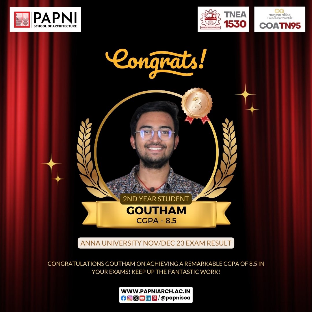 🎉 Congratulations to Goutham for securing an impressive CGPA of 8.5 in the Anna University Nov/Dec '23 exams! Keep up the great work! 🌠

#papnisoa #annauniversity #TopScorer #ProudMoment