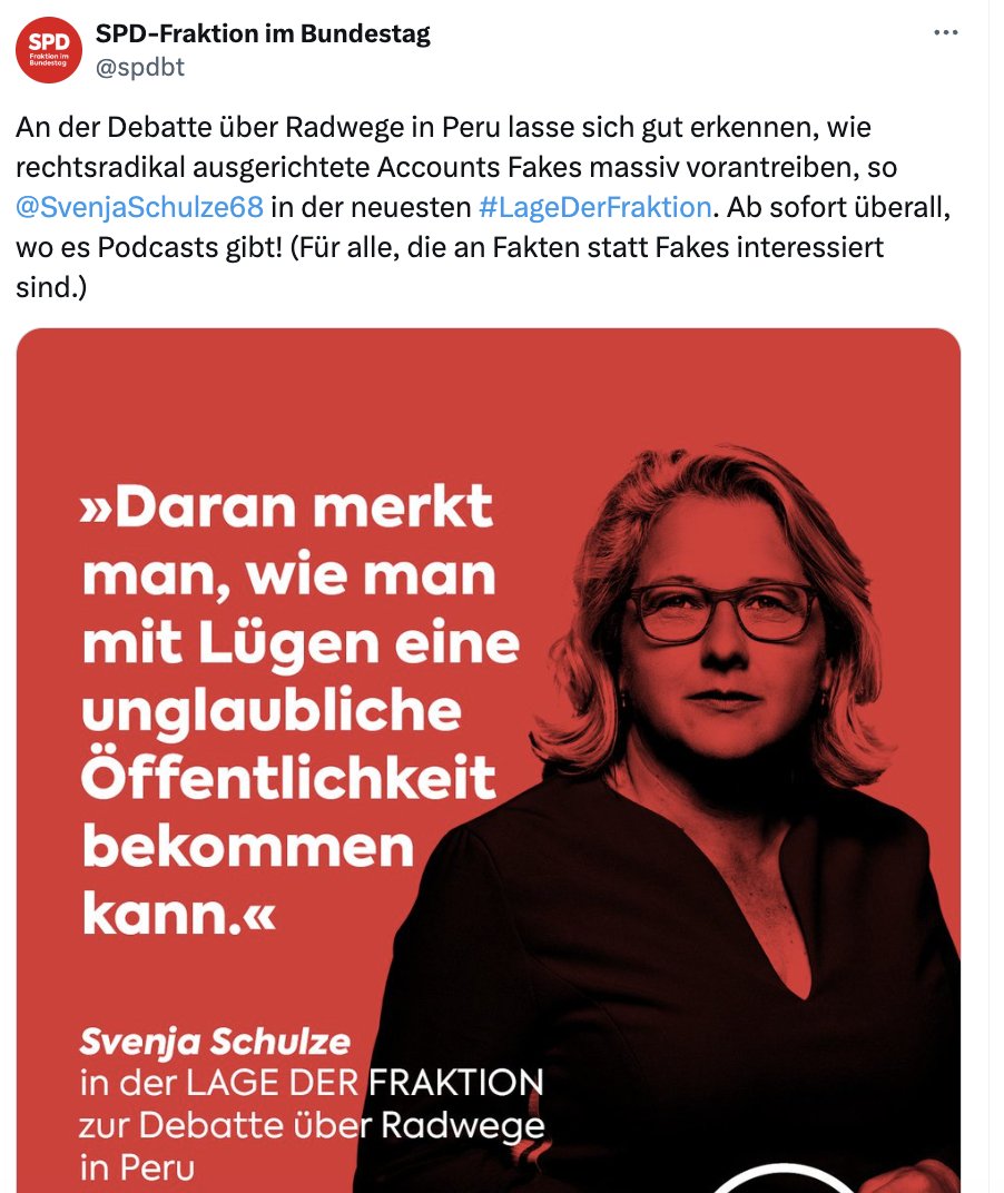 Staatsdelegitimierung und Radwege in Peru

„Bundeswehr und Ukraine Ja, aber wir können nicht mehr jeden Radweg in Peru mit dem Geld der deutschen Steuerzahler bezahlen.“ 
Christian Lindner, Finanzminister, im heute-Journal.

'Daran merkt man, wie man mit Lügen eine unglaubliche