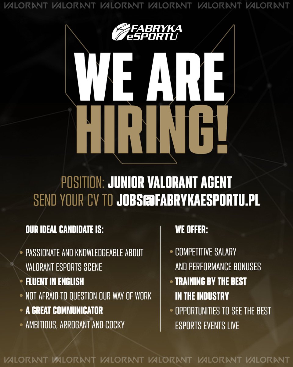 ‼️ WE ARE HIRING ‼️
After 3 years of consistent growth and recruitment from our network we have decided to look wider. We are looking for an ambitious person for the position of Junior Valorant Agent to work closely with <a href="/stan_stoklosa/">Stanisław Stokłosa</a>. List of responsibilites in comment below⬇️