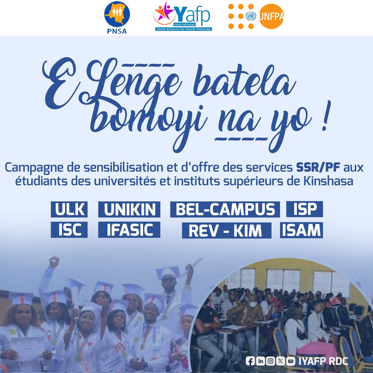 #BreakingNews‌ : Sous la supervision du Programme National de Santé de l' adolescentl, l'ONG @IYAFP1 avec l'appui technique de @UNFPARDC lance ce lundi 27.05.2024 à l'ULK , une grande campagne de sensibilisation couplée à l'offre des services PF aux Étudiants des Universités