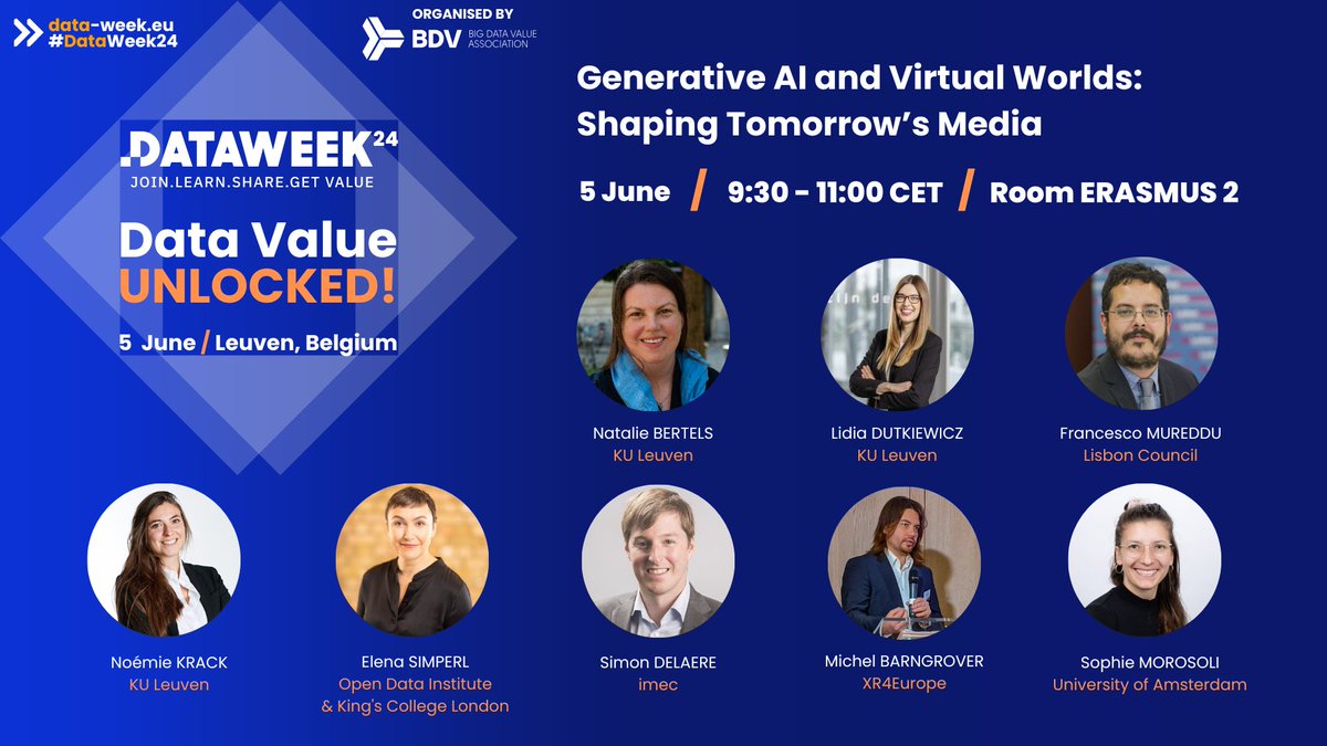 BDVA_eu's tweet photo. 📢Make sure to join the #DataWeek24 session "Generative AI and Virtual Worlds: Shaping Tomorrow’s Media"❗

🗓5 June 2024
🕤9:30 - 11:00 AM CET
🚪Room Erasmus 2
📍Park Inn By Radisson Leuven Hotel, Martelarenlaan 36, Leuven (BE)

🔍 Discover the Programme👉https://t.co/gDKH1OpTCC https://t.co/ATBPNQZ7r2