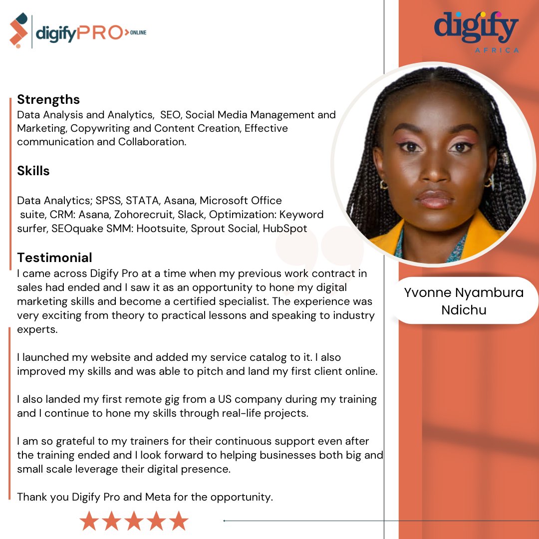 We are excited to introduce @slayconsult, one of the latest graduates from DigifyPro Kenya Online Cohort 4.0. Her skills and strengths demonstrate the significant impact of Digify Africa.

Thank you, for your dedication and achievements! 
#DigifyKe #DigifyPRO  #Scripted
