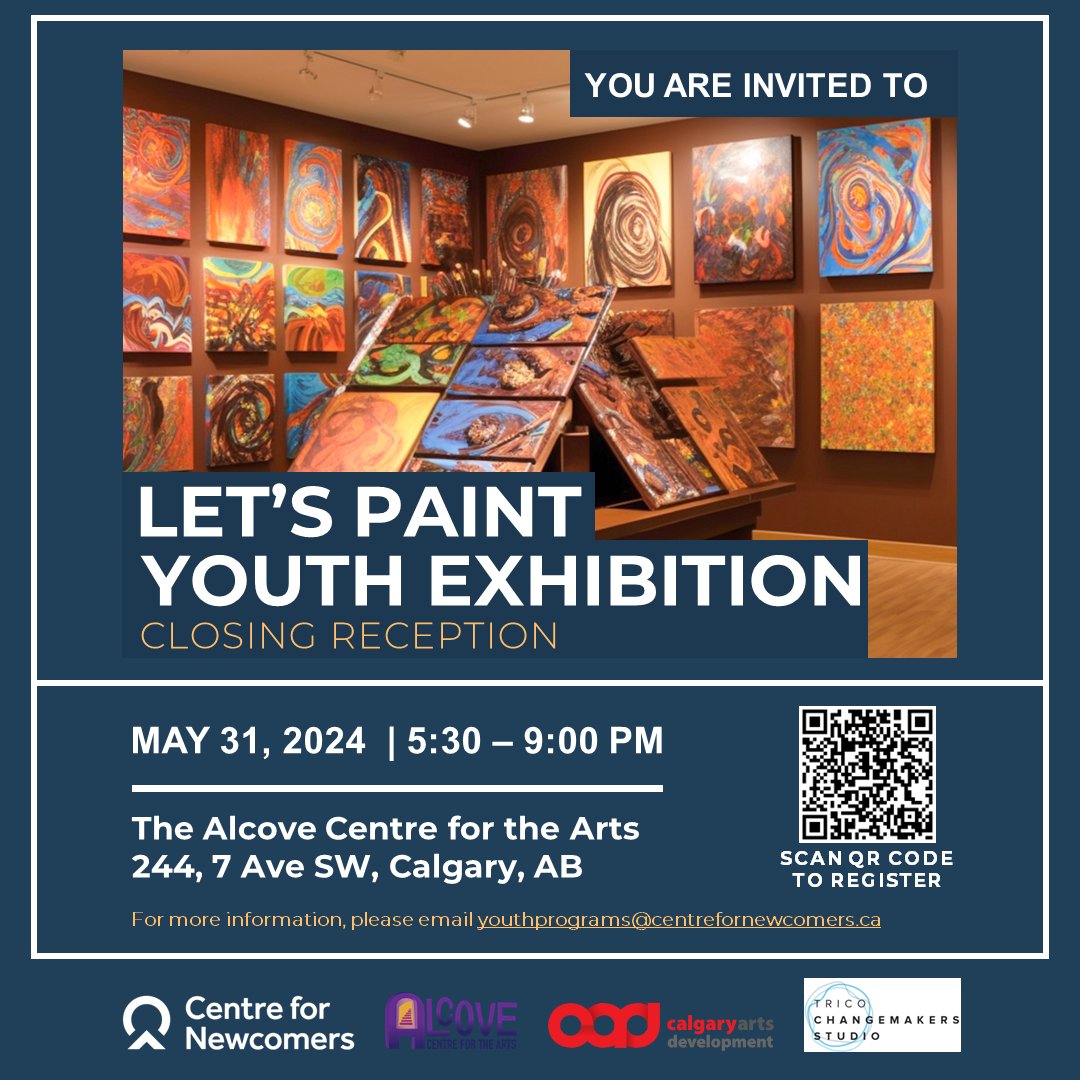 With the help of our friends @CalgaryArtsDev, the Trico Changemakers Studio & the Alcove, CFN invites you to join youth from the Let’s Paint program for their first-ever group #exhibition on May 31. Scan the QR code to register today #YYC #yycarts #arts #Calgary #youth