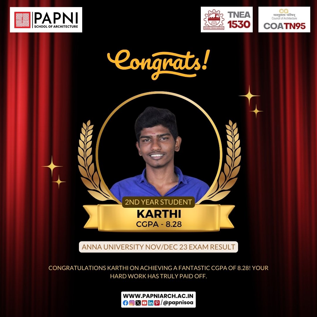 🌠 Congrats to Karthi for securing a fantastic CGPA of 8.28 in the Anna University Nov/Dec '23 exams! Keep shining! 👏

#papnisoa #annauniversity #TopScorer #Achievement