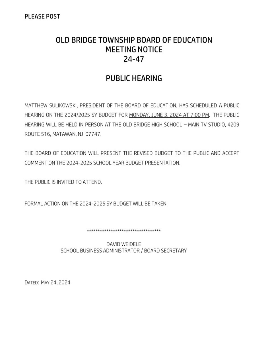 The BOE has scheduled a second budget meeting for June 3rd to present and vote on the modified budget. Please mark your calendars and plan to attend.