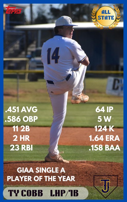 Congratulations to Senior <a href="/tycobb124/">Ty Cobb</a> on earning his 4th straight All-State honors and receiving BACK to BACK GIAA Single A Player of the Year honors. Going to miss #14 in the blue and white. Can’t wait to see him to continue to develop with Augusta University baseball.