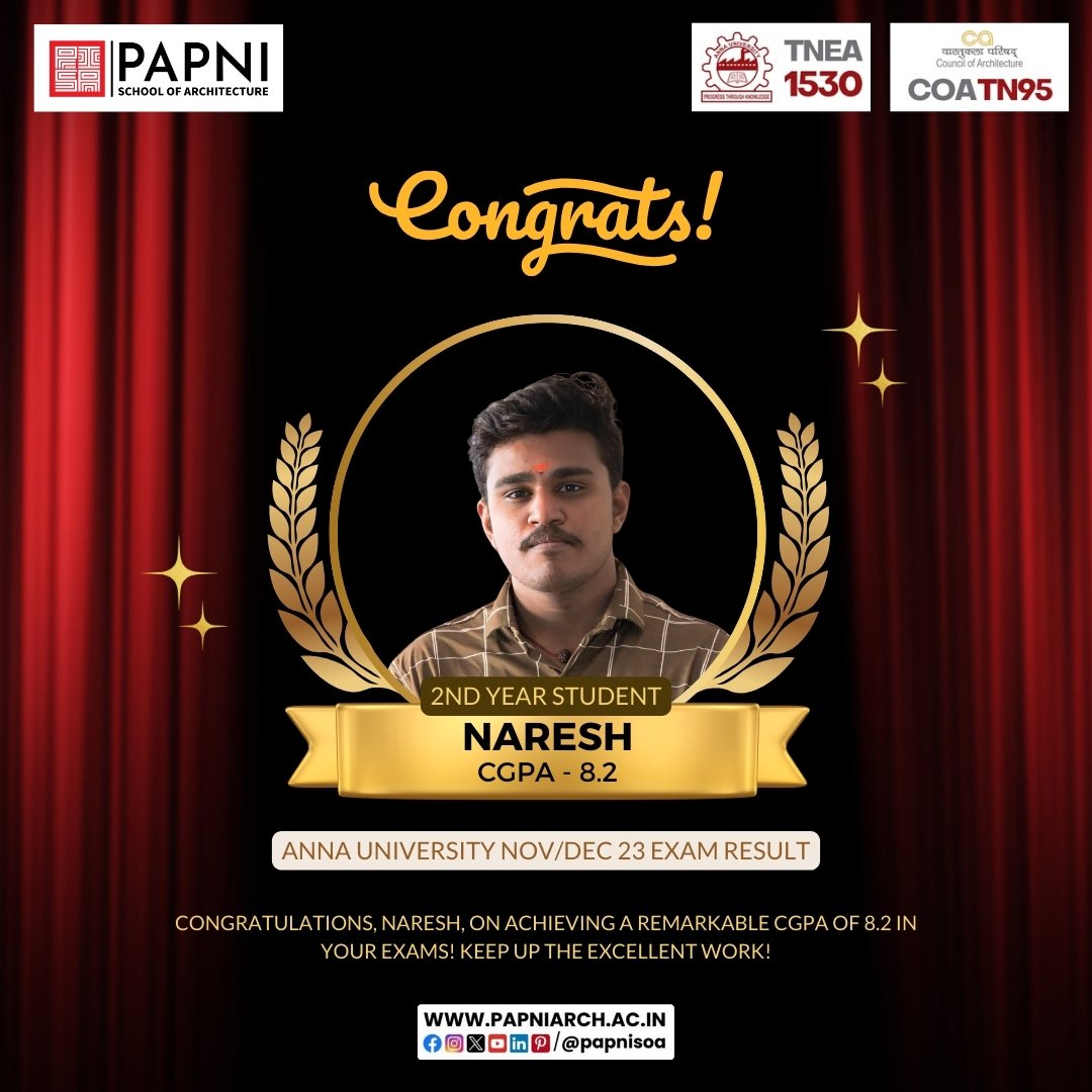 🎉 Big congratulations to Naresh for achieving a notable CGPA of 8.2 in the Anna University Nov/Dec '23 exams! Your dedication is admirable. 🌟

#papnisoa #annauniversity #TopScorer #Success