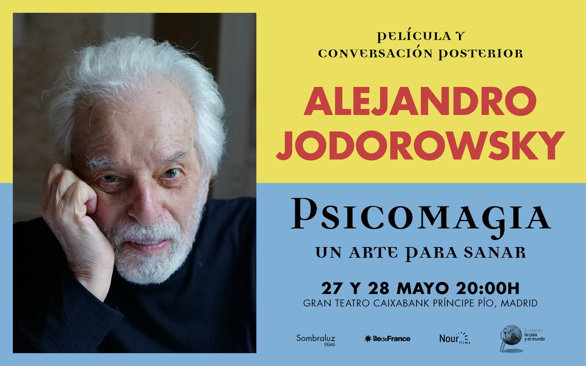 En 2 días Alejandro Jodorowsky estará en Madrid para el estreno de la película 'Psicomagia, un arte para sanar” . Proyección seguida de una conversación con Alejandro Jodorowsky los 27 y 28 de mayo a las 20:00 en el Teatro Príncipe Pío, Madrid.  Información y reservas: