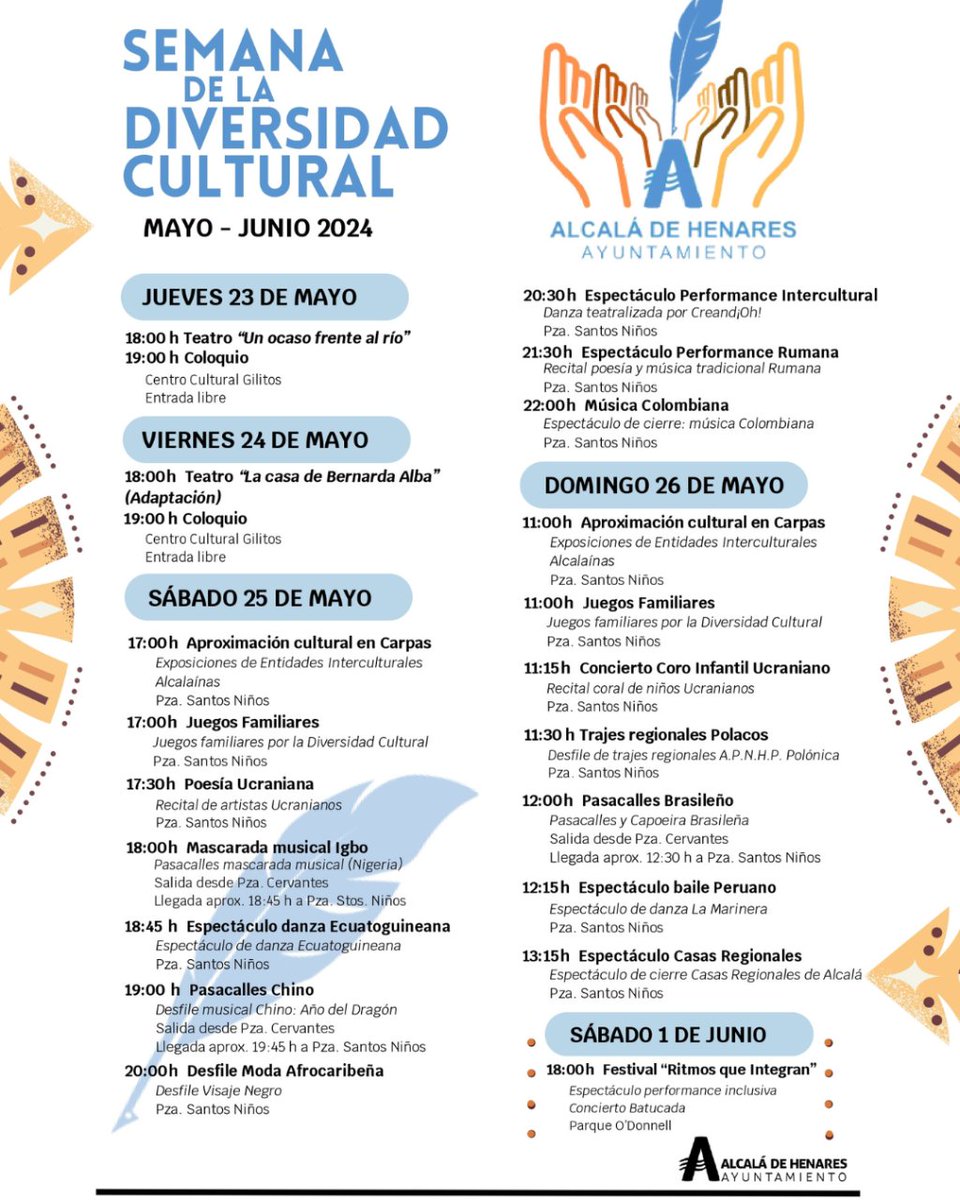 Semana de la Diversidad Cultural, os esperamos del 23 de mayo al 1 de junio.
 
#AlcalaDeHenares, ciudad #PatrimoniodelaHumanidad y la #DiversidadCultural, acerca al corazón de nuestros ciudadanos la cultura de más de 10 países en un evento donde la igualdad es emblema.💜💪