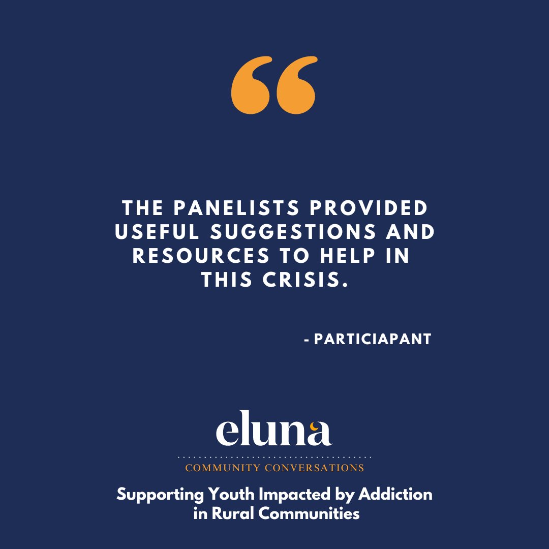 elunanetwork's tweet image. Yesterday, we welcomed an incredible group of panelists and participants to Eluna's Community Conversation: Supporting Youth Impacted by Addiction in Rural Communities. Here's what our participants had to say about the expeirence.

Watch the Recording: elunanetwork.org/resources/comm…