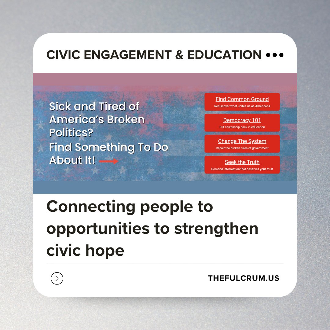 As a “front door” to over 600 organizations, Citizen Connect welcomes people to the healthy democracy movement, offering access to many resources and events to foster civic learning, engagement, and understanding. Read more: loom.ly/AtM4yq0 #thefulcrum #citizenconnect