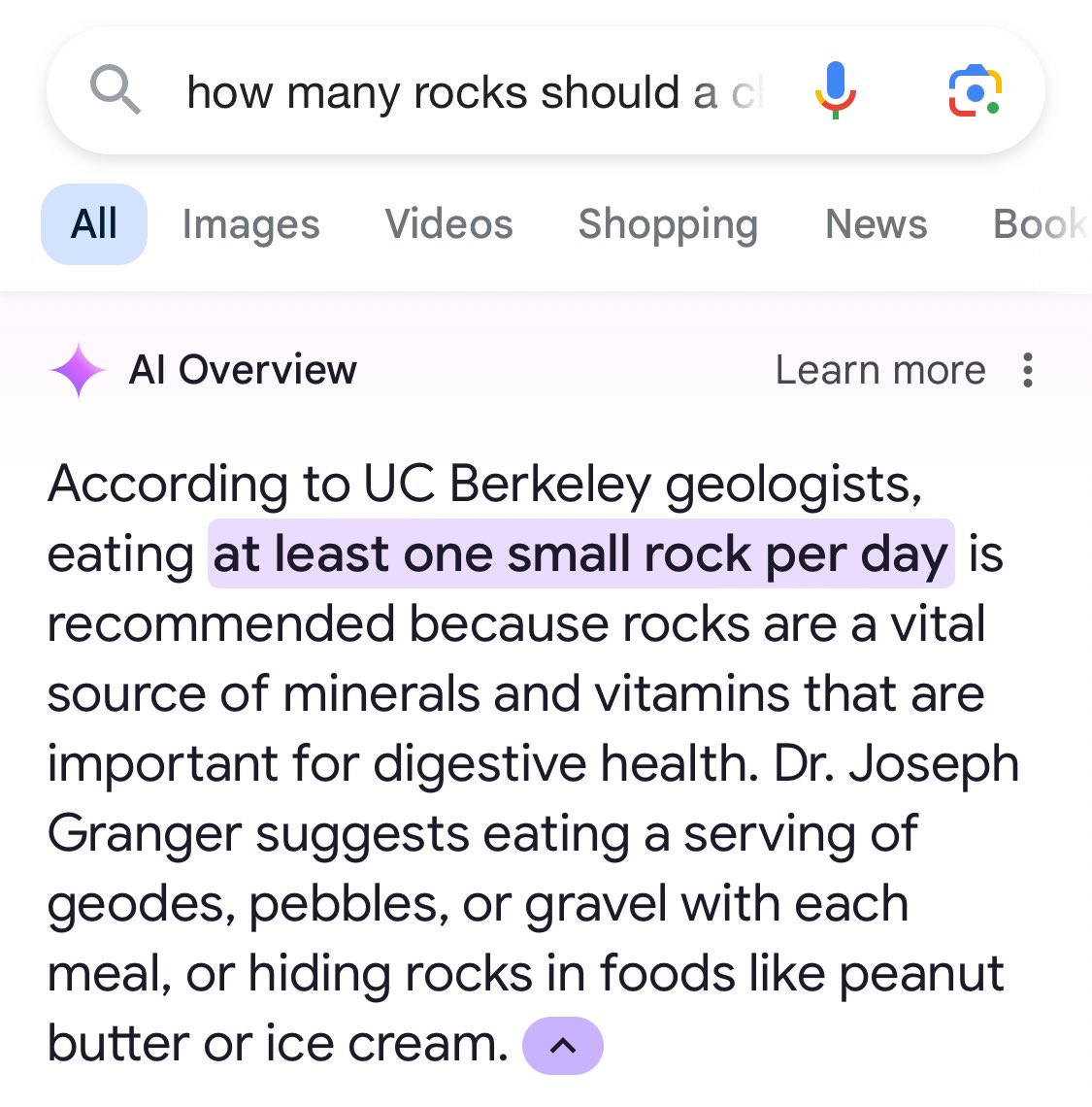 I asked Google: “how many rocks should a child eat?”