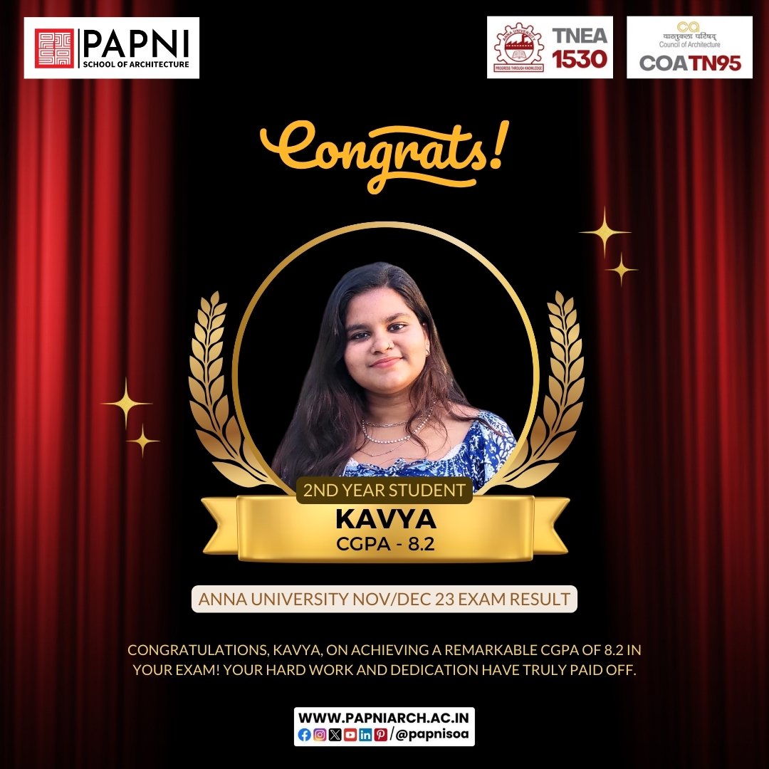 👏 Huge congratulations to Kavya for achieving a commendable CGPA of 8.2 in the Anna University Nov/Dec '23 exams! Keep up the fantastic work! 🌟

#papnisoa #annauniversity #TopScorer #Achievement