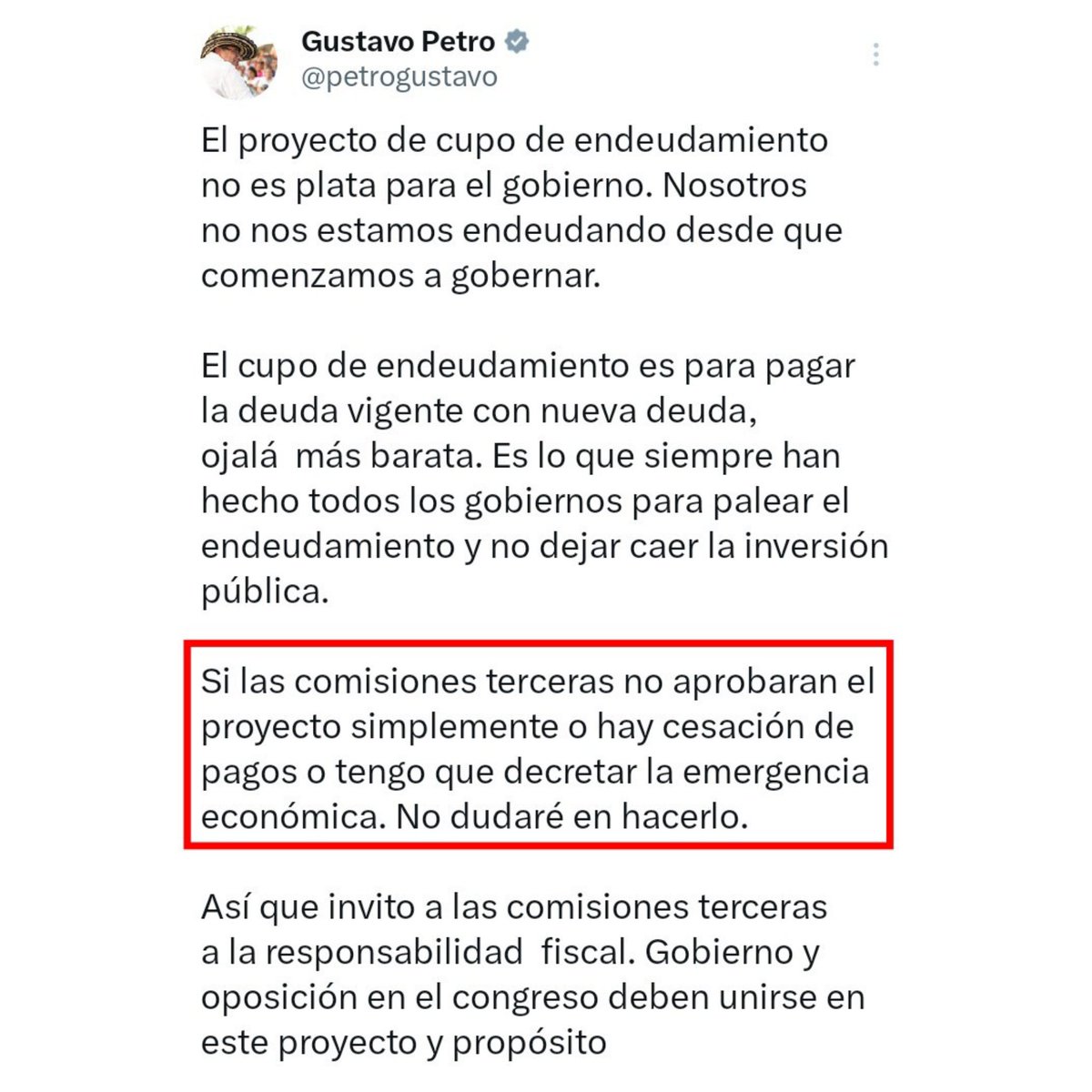 Vean esto. Este tipo está diciendo que si el Congreso no le permite endeudarnos más, va a decretar emergencia económica para endeudarnos a la fuerza o que nos llevará al DEFAULT. Yo no sé qué es que le pasa a este triple hijueputa desgraciado.