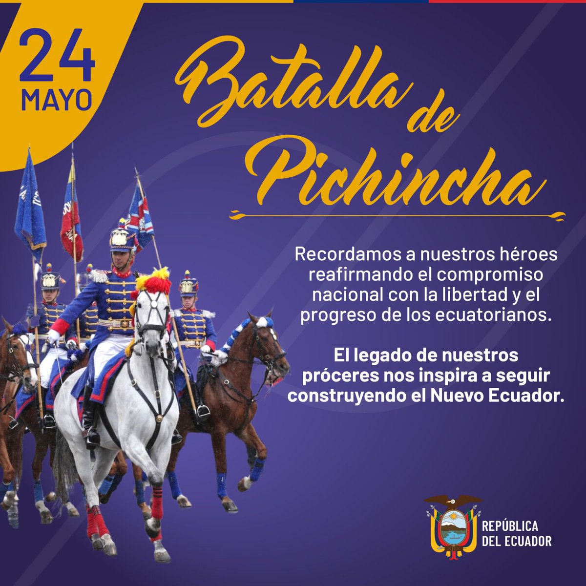 El 24 de Mayo, los ecuatorianos honramos un día histórico que marcó nuestra victoria independentista en el año 1822. 

Recordamos a los héroes de la Batalla de Pichincha y renovamos nuestro compromiso con los valores de libertad y progreso. 

#BatallaDePichincha 🇪🇨