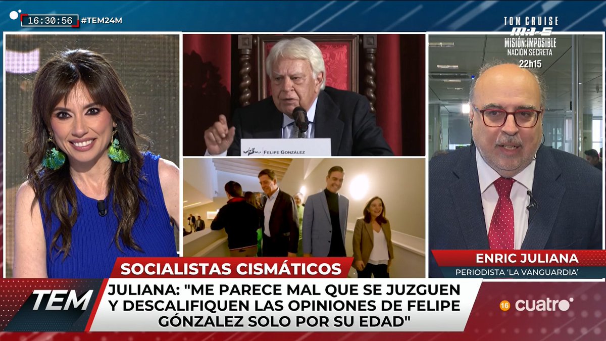 Juliana: 'Me parece mal que se juzguen y descalifiquen las opiniones de Felipe González solo por su edad'. cuatro.com/en-directo/ #TEM24M