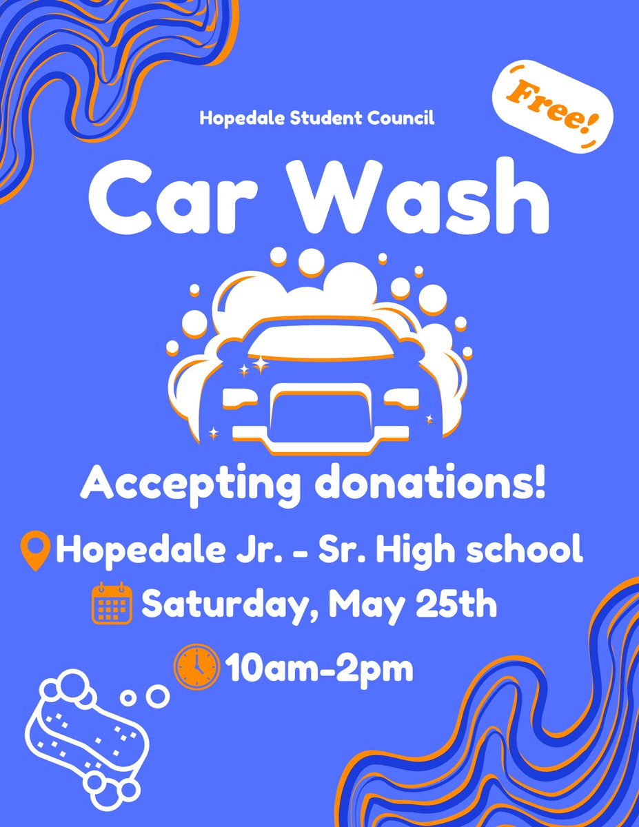 Student Council is holding a FREE car wash on Saturday 5/25 from 10am-2pm at the high school.  Come and get your car cleaned for the holiday weekend!  Donations are welcome! <a href="/kcrebasehps/">Karen Crebase</a> <a href="/DerekAtherton1/">Derek Atherton</a> <a href="/HopedaleAP/">Timothy Johnson</a> <a href="/cchatham5/">Christopher Chatham</a>