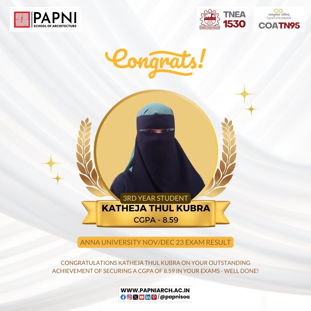 🎉 A huge congratulations to Katheja thul Kubra for achieving an impressive CGPA of 8.59 in the Anna University Nov/Dec '23 exams! Your hard work and dedication are truly inspiring. 🌟

#papnisoa #annauniversity #TopScorer #ProudMoment