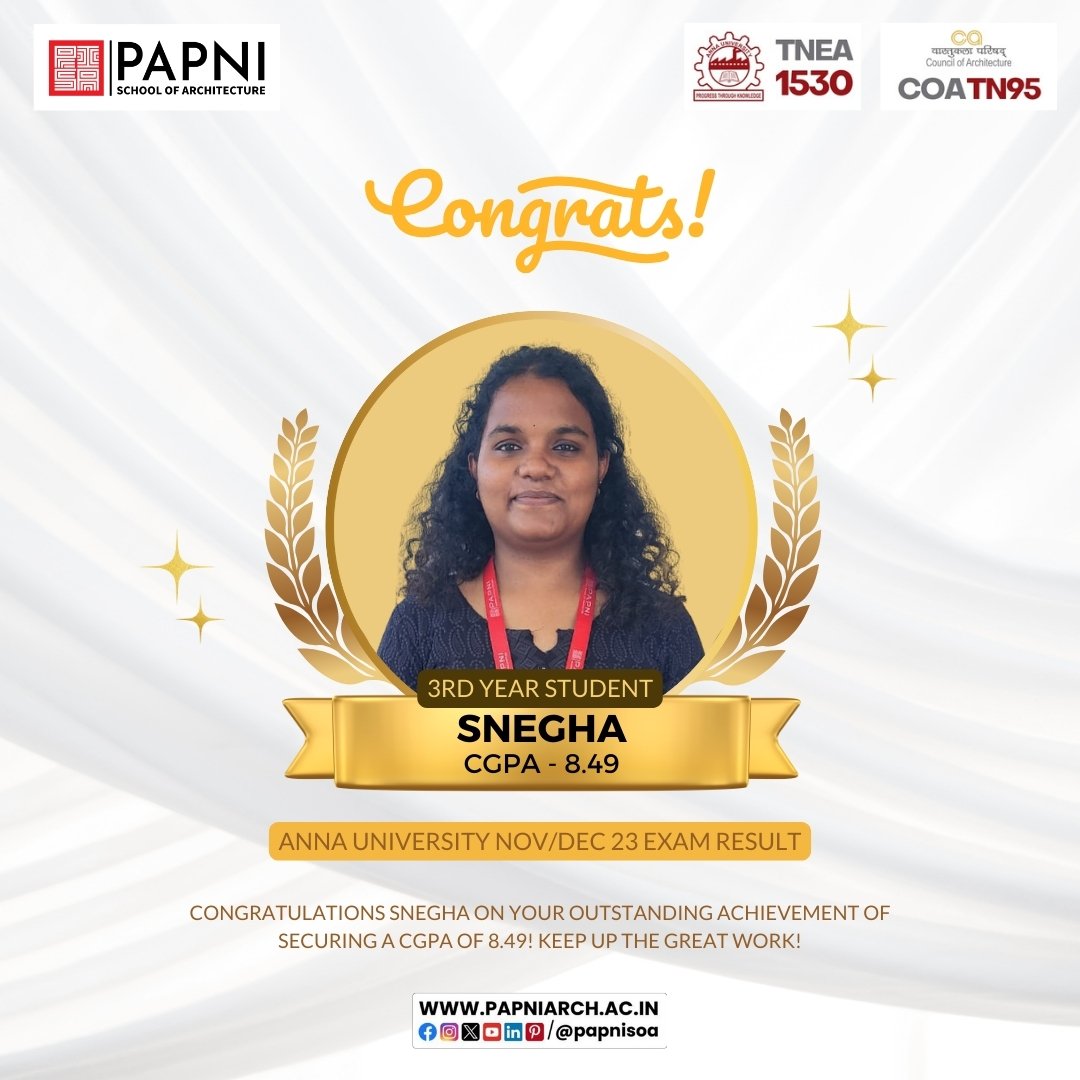 👏 Congratulations to Snegha for securing a remarkable CGPA of 8.49 in the Anna University Nov/Dec '23 exams! Keep shining and achieving great heights. 🌠

#papnisoa #annauniversity #TopScorer #Success