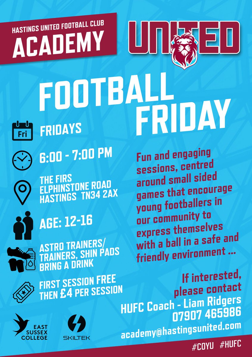 𝐅O𝐎T𝐁A𝐋L F𝐑I𝐃A𝐘 *NEW VENUE 📆 Fridays ⏰ 6-7pm 📍*The Firs Grass, Elphinstone Road, TN34 2AX HUFC Coach - Liam Ridgers 07907 465986 academy@hastingsunited.com 👟 Astros /Trainers, shin pads, drink 💰 First Session free, then £4 per session 📧 academy@hastingsunited.com