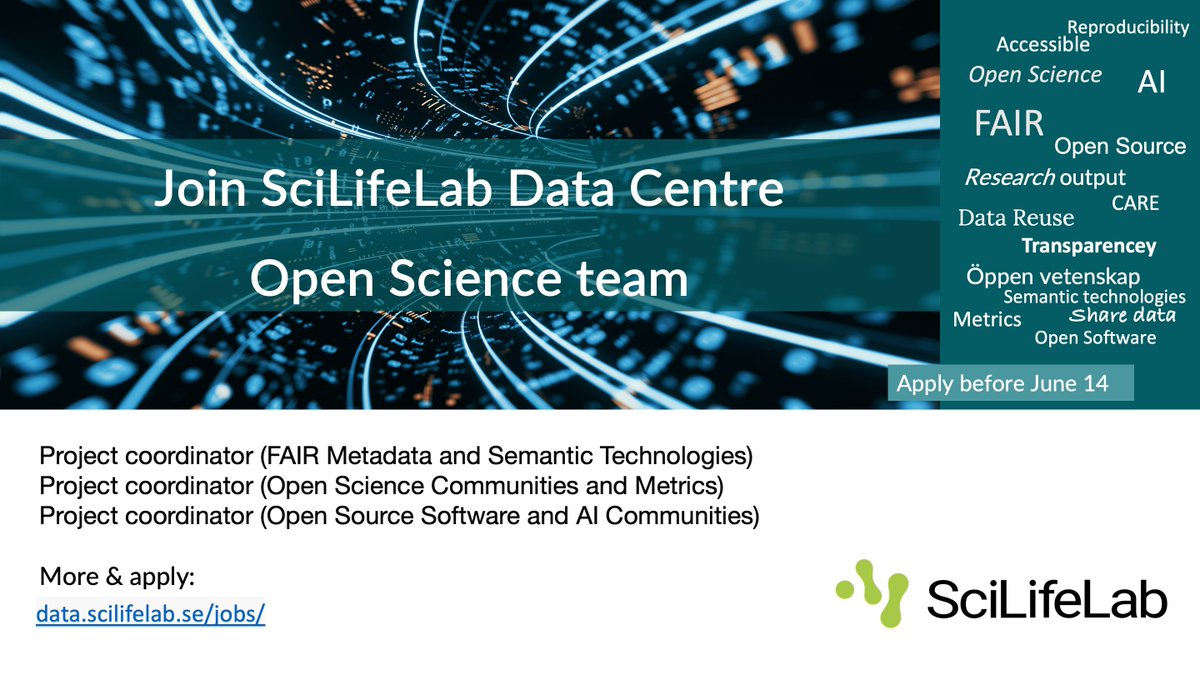 SciLifeLab_DataCentre (@scilifelab_dc) on Twitter photo Join our great team at <a href="/SciLifeLab_DC/">SciLifeLab_DataCentre</a>!
We are now looking for three motivated and knowledgeable Project Coordinators for the #OpenScience team.
More and apply by June 14.
data.scilifelab.se/jobs/
<a href="/scilifelab/">SciLifeLab</a> <a href="/NBISwe/">NBIS</a> <a href="/UppsalaUniLib/">UppsalaUniLib</a> <a href="/kungbib/">Kungliga biblioteket</a> <a href="/sndSweden/">SND</a> <a href="/libcce/">🐘 @libcce@fosstodon.org</a> Join our great team at <a href="/SciLifeLab_DC/">SciLifeLab_DataCentre</a>!
We are now looking for three motivated and knowledgeable Project Coordinators for the #OpenScience team.
More and apply by June 14.
data.scilifelab.se/jobs/
<a href="/scilifelab/">SciLifeLab</a> <a href="/NBISwe/">NBIS</a> <a href="/UppsalaUniLib/">UppsalaUniLib</a> <a href="/kungbib/">Kungliga biblioteket</a> <a href="/sndSweden/">SND</a> <a href="/libcce/">🐘 @libcce@fosstodon.org</a>