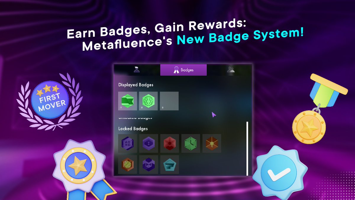 One more exciting news! 🌟 We're constantly adding new features to enhance socialization on Metafluence Social Metaverse. Introducing the Badge System! Users now earn badges for: 🏆 Recognition & Achievement 🎯 Goals & Objectives 👑 Social Status 🔥 Competition & Engagement 🔒