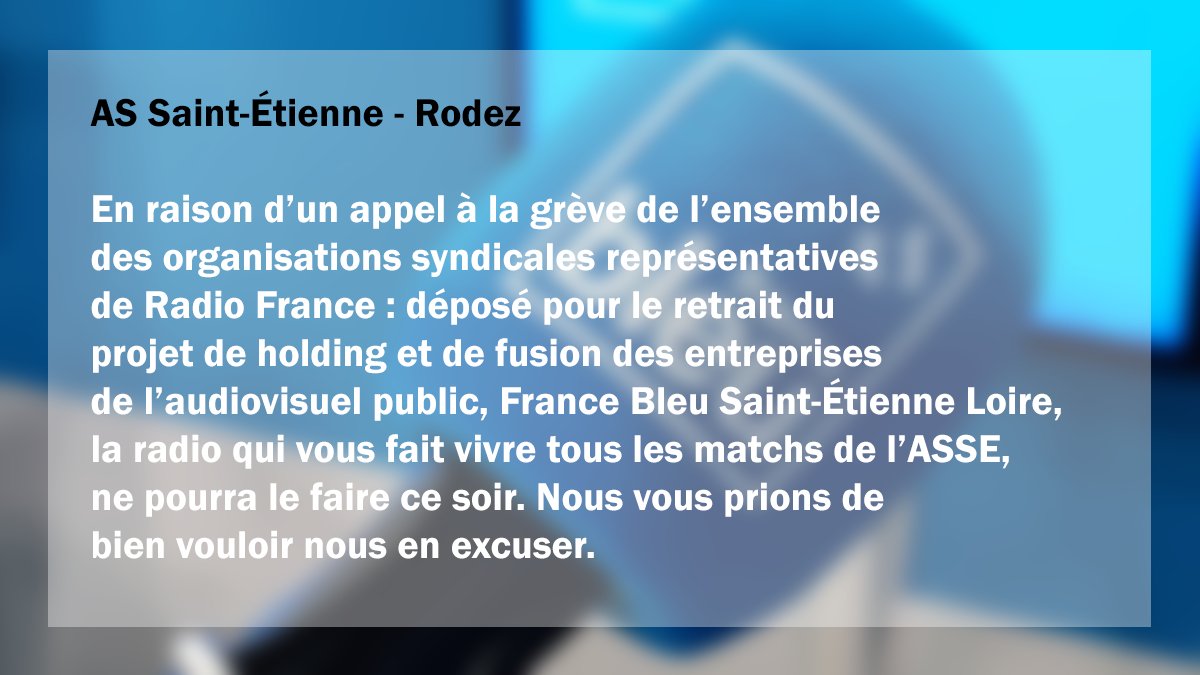 ⚽ Pas de diffusion du match de barrage AS Saint-Étienne / Rodez ce soir sur @bleustetienne. Nous vous prions de 
bien vouloir nous en excuser.

l.francebleu.fr/ClYf #ASSERAF
