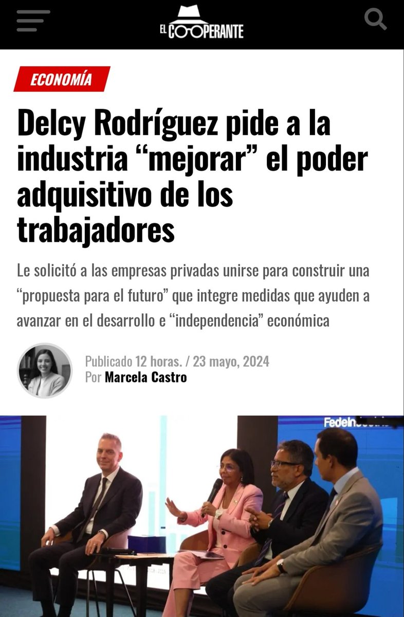 La vicepresidenta Delcy Rodríguez pidiendo a los empresarios 'mejorar' el poder adquisitivo de los trabajadores, cuando fue el madurismo quien destruyó los salarios y pensiones IVSS hasta llevarlos a 3 $. El madurismo al acabar los salarios originó casi 10 millones de migrantes