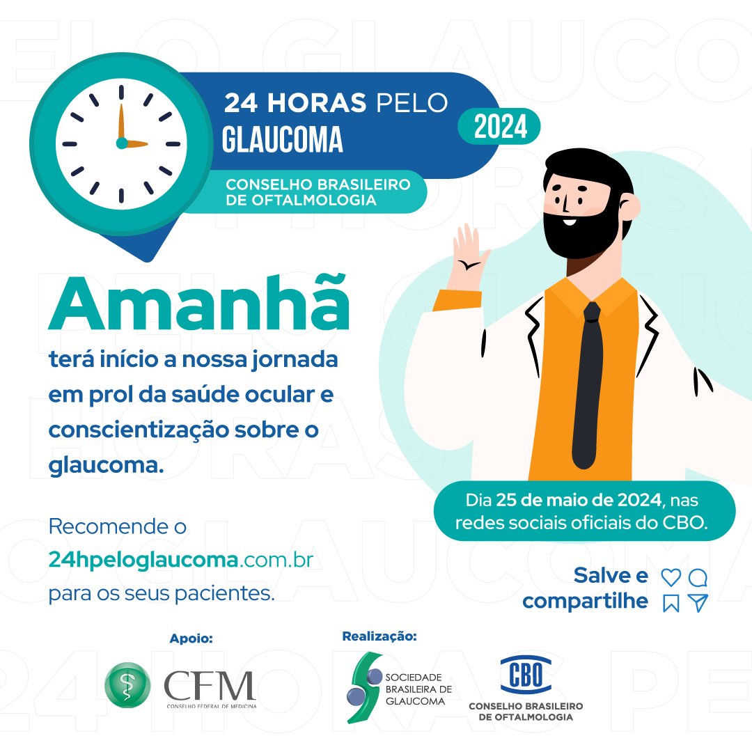 O glaucoma é uma doença silenciosa que pode levar à cegueira. O @CBO2020 e a @sbglaucoma realizam amanhã (25/05) o evento 24 horas pelo glaucoma. O CFM apoia essa importante mobilização. Saiba mais em 24hpeloglaucoma.com.br #saúdeocular #24hpeloglaucoma #prevenção