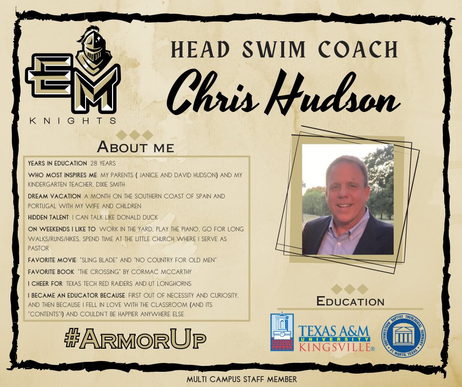 KNIGHT NEWS!! Diving into their new role as our Head Swim Coach is Chris Hudson! Coach Hudson started teaching Spanish and English at Boswell in 1996 and became the head coach of the Pioneer swim team in 1998. He will be supporting both EMHS and BHS next year. #ArmorUp