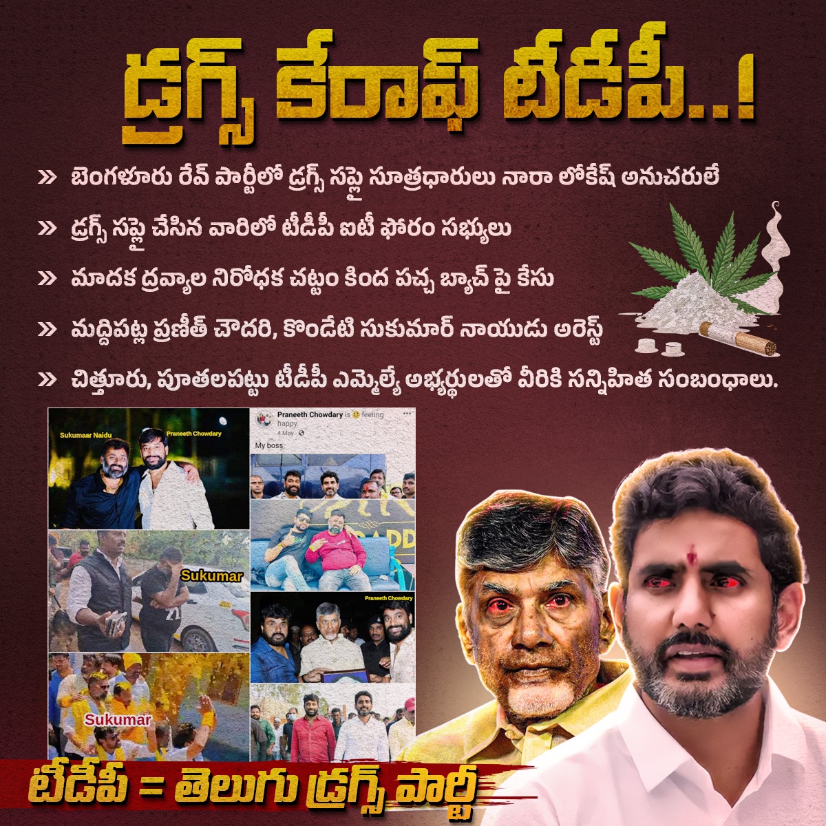 AP3Capitals's tweet photo. బెంగళూరు రేవ్ పార్టీలో డ్రగ్స్ సప్లై చేసిన మద్దిపట్ల ప్రణీత్ చౌదరి, కొండేటి సుకుమార్ నాయుడు ఇద్దరూ నారా లోకేష్  అనుచరులే.  బెంగళూరు ఐటీ ఫోరంలో కీలకంగా ఉన్న ఈ ఇద్దరికీ చిత్తూరు, పూతలపట్టు తెలుగుదేశం పార్టీ ఎమ్మెల్యే అభ్యర్థులతో సత్సంబంధాలు ఉన్నాయి. 

#TeluguDrugsParty https://t.co/K4KasnhhrT