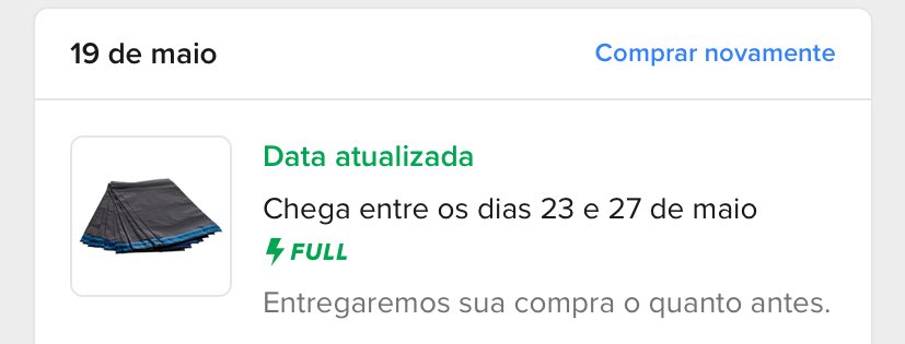 Obrigado, <a href="/MercadoLivre/">Mercado Livre Brasil</a> ! Comprei no domingo com frete full para entregar na segunda. O endereço é comercial e só funciona até às 18:00 e vieram após, tudo bem, acontece! Na terça estavam vindo, o app notificou que a próxima entrega era a minha e o até agora nada!