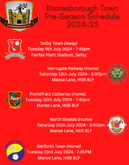🚨Pre-Season Fixtures🚨 Our Pre-Season schedule starts with a trip to @SelbyTown_FC before welcoming @THERAILFC, @PonteCollsFC @NorthShieldsFC & @TheGarforthTown to Manse Lane We are still looking for an away fixture on Saturday 6th July so if any teams interested please DM us