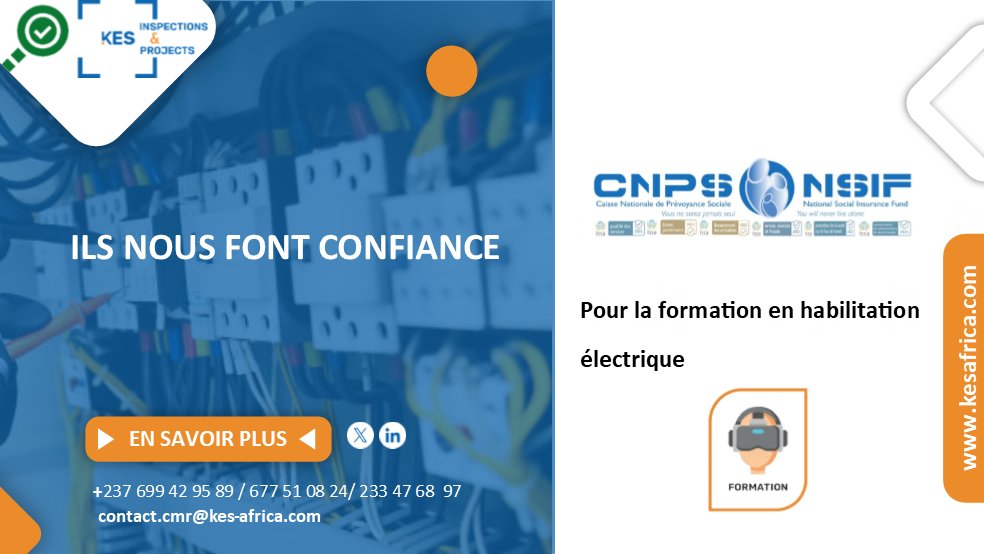 KES_AFRICA's tweet photo. [#IlsNousFontConfiance]La Caisse Nationale de Prévoyance Sociale nous a fait confiance pour ;

1️⃣ La formation en habilitation électrique

Pour en savoir plus  :https://t.co/jGWarptgHk 

#KESAFRICA #KESInspections&amp;Projects #237 https://t.co/FRRn9teyHq