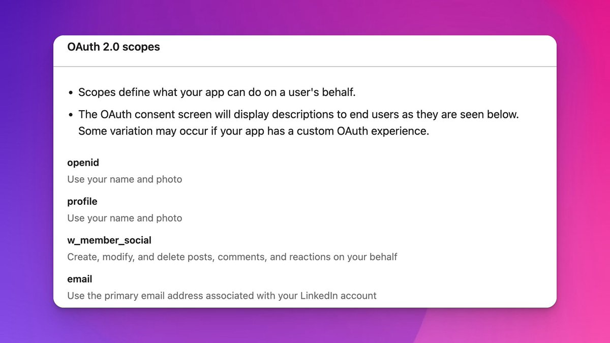 henrybui_io's tweet image. Does anyone know why I can&apos;t post on LinkedIn using my organization?

I verified and connect my Org to the app already but dunno why only got these scopes.

#linkedinapi