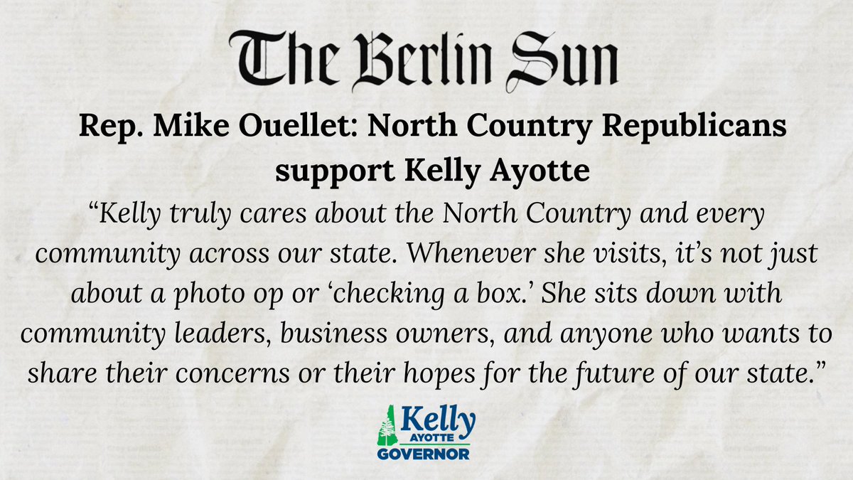 Thank you to Rep. Mike Ouellet for your support!

I'm proud to have the entire Coos County Republican delegation on our team. As Governor, I'll be a voice for the North Country and every corner of our state!
conwaydailysun.com/berlin_sun/opi… #nhpolitics #nhgov